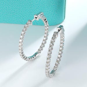 30mm Moissanite Diamond Hoop Earrings in Silver, Moissanite Earrings, Diamond Huggies, Gift for Her