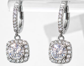 Moissanite Diamond Drop Huggie Earrings: Sterling Silver Dangle Hoops
