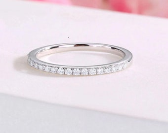 Dainty Moissanite Diamond Wedding Band: Sterling Silver Half Eternity Stacking Ring