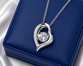 Moissanite Dancing Diamond Heart Necklace: Sterling Silver Floating Pendant