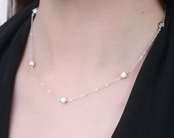 Moissanite Diamond Bezel Necklace, Diamond Station Necklace, Floating Diamond Necklace, Moissanite Chain, Diamonds By the Yard Necklace