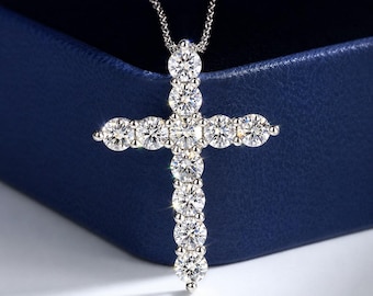 Moissanite Diamond Cross Necklace: Sterling Silver Pendant, GRA Certified