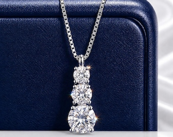 Moissanite Three Stone Necklace: Sterling Silver Past Present Future Pendant