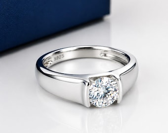 Certified 1 Carat Moissanite Ring - 925 Sterling Silver Men's Wedding Band
