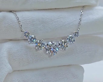 7 Stone Moissanite Necklace in Sterling Silver, Floating Diamond Necklace, Moissanite Pendant Necklace, Gift for Her