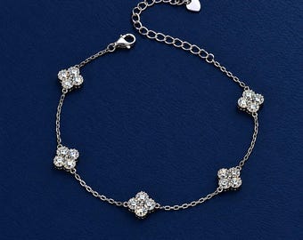 Moissanite Diamond Clover Station Bracelet White or Yellow Gold,  Stacking Bracelet, Minimalist Jewelry, Girlfriend Gift for Her