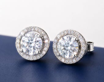Moissanite Halo Stud Earrings: Sterling Silver Bridal Jewelry