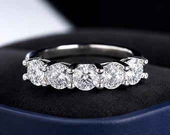 5 Five Stone Moissanite Diamond Ring in Sterling Silver, Engagement, Anniversary Band