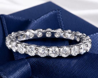 3mm Moissanite Eternity Ring in Sterling Silver, Wedding Anniversary Band