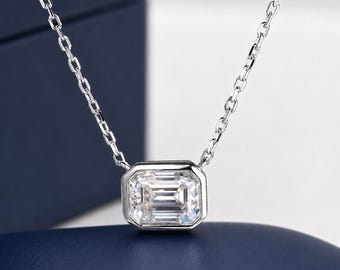 1 Carat Bezel-set Emerald Baguette Moissanite Diamond Solitaire Necklace in Sterling Silver, Girlfriend Gift for Her, Minimalist Necklace