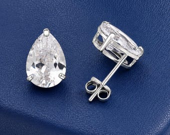 14K Gold Pear Cut Moissanite Stud Earrings, Solid White or Yellow Gold Studs, Teardrop Solitaire Earrings, Anniversary Gift for Her