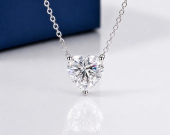 2 Carat Moissanite Diamond Solitaire Heart Necklace in 925 Sterling Silver, Girlfriend Gift for Her