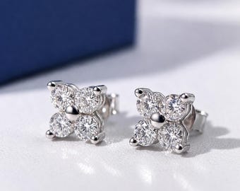 Moissanite Clover Stud Earrings: Sterling Silver Dainty Earrings