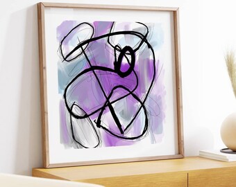 Abstract digital art purple wall decor in contemporary expressionism minimalist black line art introspective office canvas