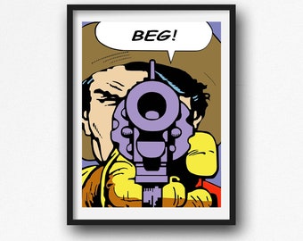 BEG! – Vintage western serietidningskonsttryck | Cowboy Standoff-affisch | Väggkonst med serietidning i fetstil från Frontier