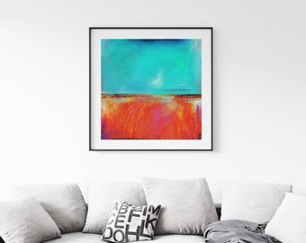 Abstract Painting 'Azure Blaze' - Vibrant Horizon Artwork, Blue & Orange Textured Canvas, Modern Fiery Art