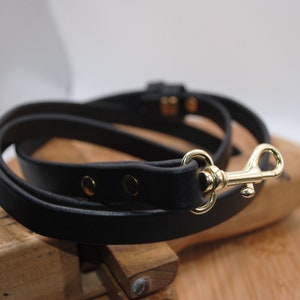 May include: A black leather dog leash with a gold metal clasp and two gold metal rivets.