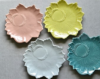 Vintage Leaf Breakfast/Luncheon Plate by Steubenville Woodfield Stoneware, Maple Leaf Design, Teal/Grey/Pink, Individual, Fall Decor