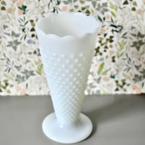 Vintage Milk Glass Hobnail Vase, Trumpet Design with Scalloped Edge