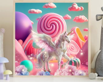 2 Gorgeous Unicorns and 1 Unicorn in Candy Land, Beautiful Unicorn with wings, Rainbow Unicorn with Wings, for kids wall Art,