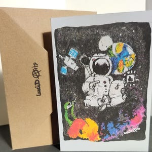 Biglietto d'auguri, biglietto d'arte, stampa originale, biglietto astronauta.