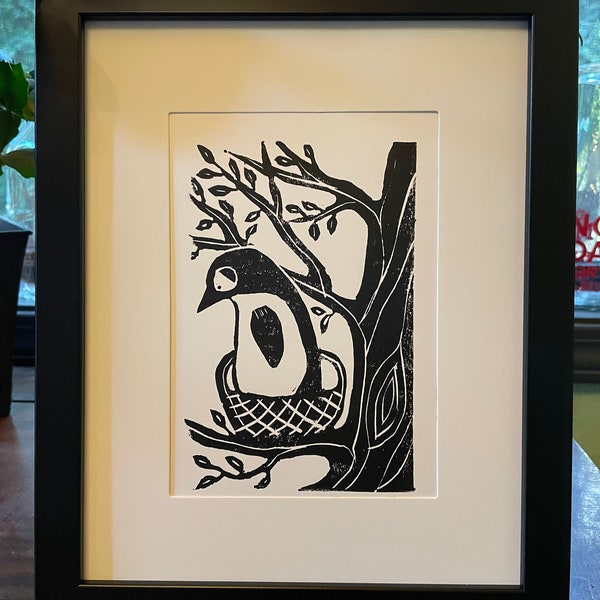 Penguin in tree, in bird nest, handmade linocut print, 5x7, black and white, original art