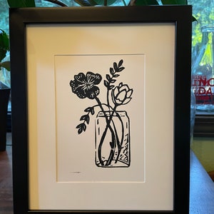 Mason jar and flowers, handmade linocut print, 5x7, black and white, original art