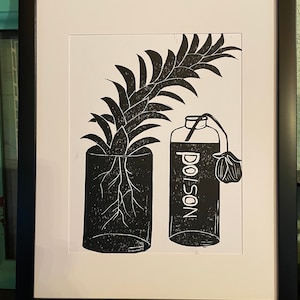 Succulent and flower in bottle of poison, handmade linocut print, 8x10, black and white, original art