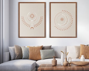 Printable Mystical Tribal Set Of 4 Prints, Beige Celestial Wall Art, Neutral boho Wall Set, Geometrical Design, Digital Download