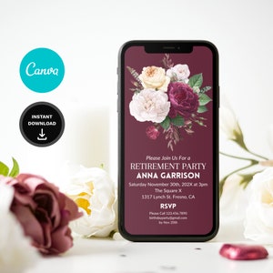 Invitation de fête de retraite de fleur de Bourgogne modifiable pour femme | Invitation florale personnalisée Téléchargement instantané Carte mobile Modèle de téléchargement numérique