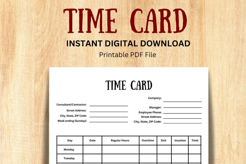 Employee Time Card Editable PDF File, Time and Attendance Tracking