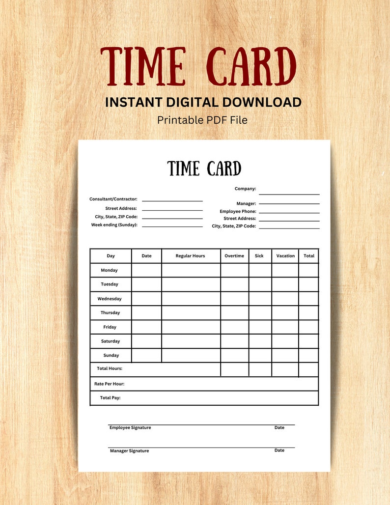 Employee Time Card Editable PDF File, Time and Attendance Tracking
