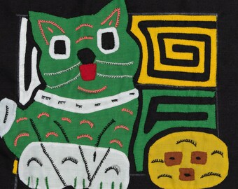 Green Kitty Cat Panama Molita, Handcrafted Mini Mola, Fabric Kuna Art, Authentic Indigenous Textile, Unique Cultural Decor & Gift Idea