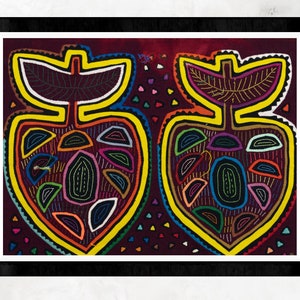 Puede incluir: Dos corazones bordados coloridos con contornos amarillos y diseños intrincados sobre un fondo morado oscuro. Los corazones están enmarcados en negro.