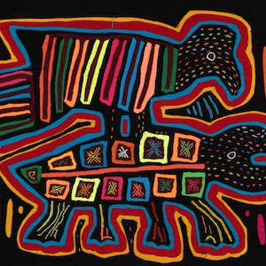 May include: A colourful textile art piece depicting a stylised animal with a black background. The animal is outlined in red, blue, and orange thread. The animal's body is filled with various coloured stripes and squares.