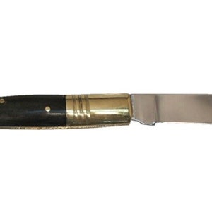 May include: A black handled pocket knife with a brass bolster and a silver blade.