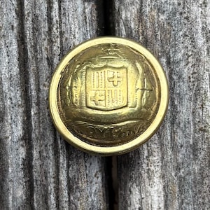 Op de afbeelding: Een ronde, antieke messing knoop met een reliëf ontwerp. De knoop heeft een centraal schild met ingewikkelde details en de tekst "ROYALENA" langs de rand. De knoop ligt op een verweerd houten oppervlak.