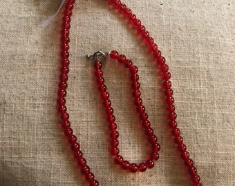 Ruby Red Glass Bead Necklace and Bracelet Set