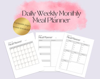 Daily Weekly Monthly Meal Planner Bundle | Digital Download | 3 Pages Total