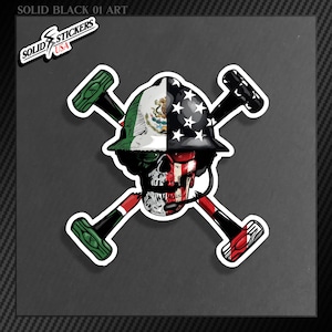 Oilfield Sticker Skull and Hammers Mexico American Flag Hard Hat Sticker