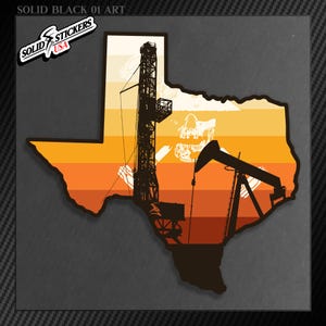 May include: A sticker in the shape of Texas, featuring a sunset design with oil derricks and a skull. The sticker has the text "SOLID STICKERS USA" in the upper left corner. The background has horizontal stripes of orange and yellow.