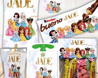 Décoration PERSONNALISÉ pour Anniversaire de princesse, invitation, Capri sun, Sachet des bonbons, Kinder bueno, Paquet de chips, pompottes