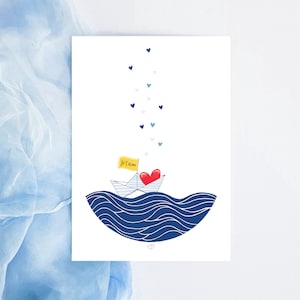 Carte je t'aime coeurs et bateau, 2 formats au choix