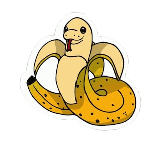 Könnte beinhalten: Eine gelbe Comic-Schlange, die sich in einer gelben Bananenschale zusammenrollt. Die Schlange hat eine rote Zunge herausgestreckt.