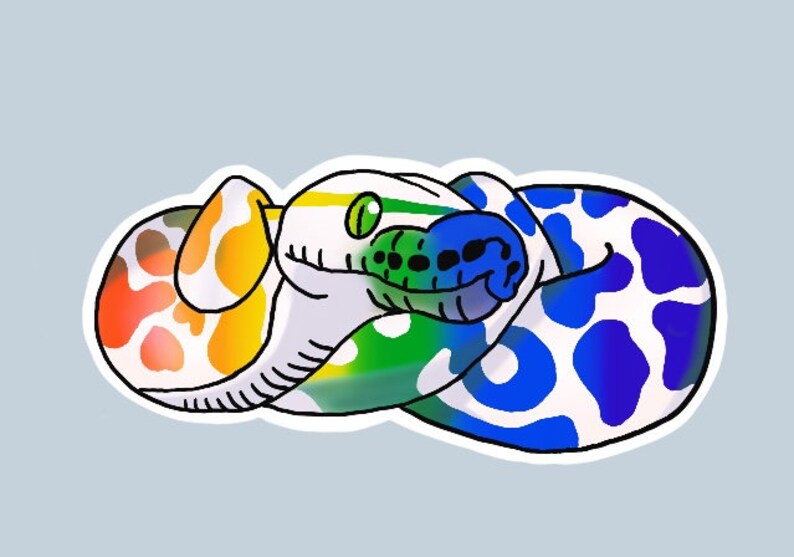 May include: A colorful illustration of a snake curled up in a circle. The snake is white with red, orange, yellow, green, blue, and purple spots. The snake's eyes are green.