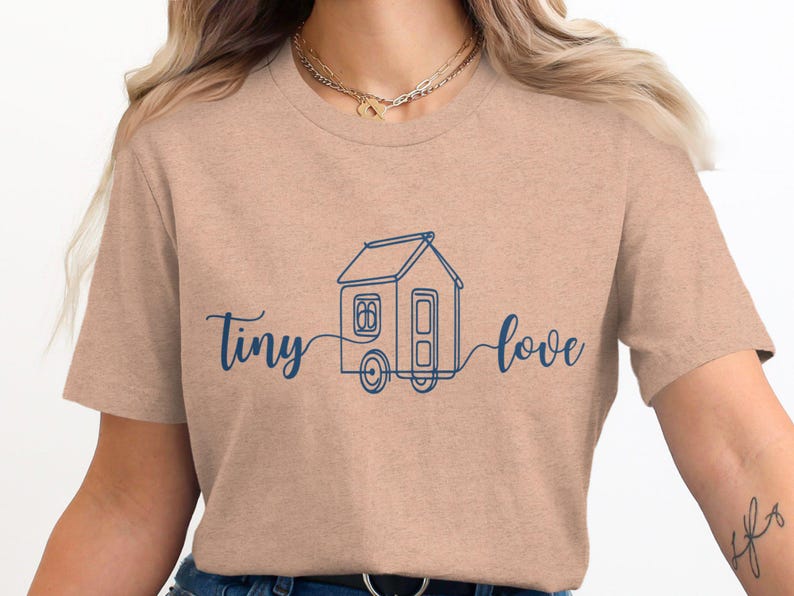 Tiny House Camper Tee, Minimalist Travel Shirt, Tiny Love T-Shirt, Adventure Lover Gift, Nomad Lifestyle Tee, Tiny Home Shirt, THOW living Heather Peach