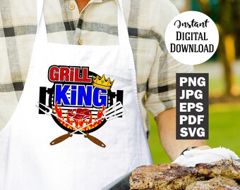 May include: A white apron with the text "Grill King" in red, blue, and black lettering. A crown is above the word "King". There are flames and grilling tools on the apron.