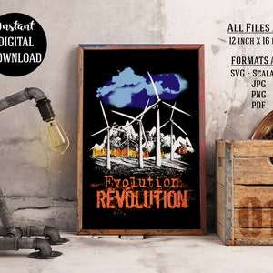 May include: Digital download of a graphic design featuring a black background with a blue cloud and five white wind turbines. The text "Evolution REVOLUTION" is in orange and black.