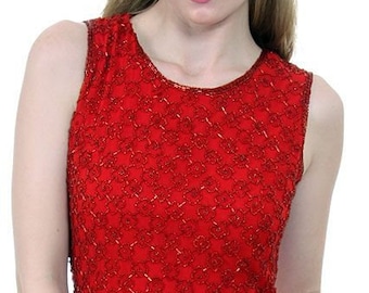 Red Sequined Beaded Cocktail Dress