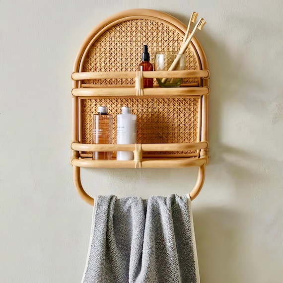 Rattan Bathroom Shelf with Towel Bar Semis Online